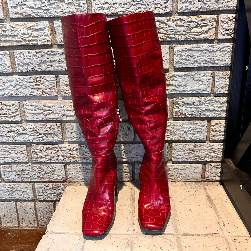 Sam Edelman Women Red Croc Embossed Knee High Block Heel Square Toe Boots Size 7 - Picture 2 of 6